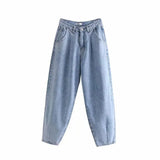 Jeans Solid Pants Loose High Waist Female Harem Denim Trousers Pockets Pleated Streetwear 2021 Spring Casual Slouchy