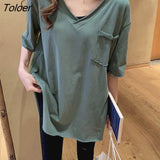 Womens T-shirt Korean V-neck Short-sleeved T-shirt Loose Large Size Medium Long Bottoming Shirts Woman Tshirts 2022 Summer