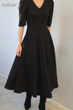 French Style Puff Sleeve Fashion Black Wedding Maxi Dresses for Women Party V-Neck Evening Long Dress Elegant Summer