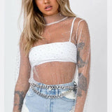 feminina Women Mesh Top Sexy Sheer T Shirt Transparent Tops Turtleneck See Through Clothes Summer Female Costume New