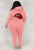 Casual Plus Size Beaded Mounth Long Sleeve Hoodies And Sweatpants 2 Piece Jogger