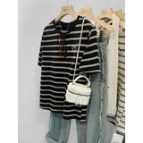 Jacquard Striped T-Shirt Women's Short-Sleeved Summer 2024 New Shoulder Blouse Retro Trend-Outfit