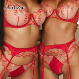 Vintage Flower Bra Sets Lingerie Transparent Push Up Bra Underwire Underwear Women Embroidery Slim Garter Belt Red