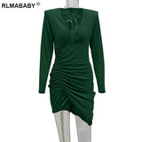 V Neck Long Sleeve Folds Asymmetrical Mini Bodycon Dress Autumn Winter Women Night Club Party Velvet Short Skinny