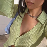 Sweetown Green Single Breasted V Neck Casual Tops & Blouses Women Button Up Flare Long Sleeve Elegant Autumn Cardigan