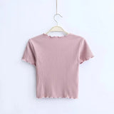 Wood ears O neck Short sleeve T-shirt 2023 New Woman Slim Fit t shirt tight tee Summer Retro Tops 6 colors-Outfit