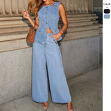 Selling New Solid Color Loose Fashion Long-Sleeved Denim Set Wide-Legged