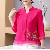 Women's Chiffon Half Sleeve V-Neck Flower Embroidered Pullover T-shirt Button Cardigan Casual Fashion Elegant Spring Summer Tops-Outfit