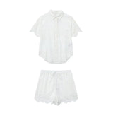 Summer Style Hollowed-Out Embroidered Shirt 7578101 Elastic Waist Shorts 7575019-Outfit