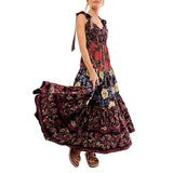 Women's Vintage Floral Print Silky Bow Knot Tie-Up Shoulder Straps Sleeveless Summer Big Swing Long Cami A-line Dress-Outfit