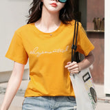 Women's Pullover Round Neck Solid Letter Printing Short Sleeve T-shirt Fashion Casual Large Office Lady Elegant Tops-Outfit