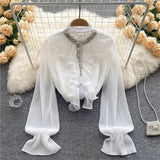 Elegant Shirts Women Design Diamonds Loose Casual Tops Long Sleeve Ruffles Gentle Office Lady Blouses