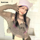 Y2k Aesthetics Hole Pullover 2000s Harajuku Hollow Out Jumper Gothic Broken Ripped Sweater Fairy Grunge Knit Tops