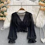 Autumn Fashion Korean Women Blouse Long Sleeve V Neck Elastic Ruched Slim Tops Elegant Streetwear Short