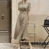 Summer New Women Short Sleeve Office Lady Work Wear Elegant Female Lace-Up Midi Dress