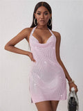 Sexy Pink Sparkling Sequins Halterneck Sleeveless