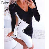 Ladies Dress Long Sleeve V-neck Bodycon Patchwork Buttons Elegant Short Dresses 2022 Spring Autumn Women Slim Mini