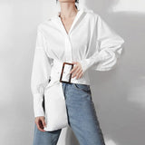 White Casual Shirt For Women Lapel Lantern Sleeve Loose Solid Minimalist Blouses With Sashes Female Fashion