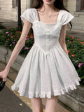 Elegant White Dress Women Vintage Party Mini Dresses Female High Waist Puff Sleeve Korean Fashion Retro Dress 2022