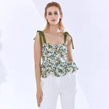 Causal Vest For Women Square Collar Spaghetti Strap Print Sleeveless Hit Color Ruffles Vests Female