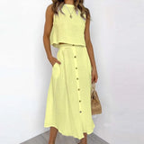 Casual White Solid Women Skirt Set Sleeveless Crop Tops And Button Pockets Long Skirts Ladies Suit Summer Beach Style