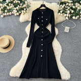 Small Fragrant High-Grade Metal Buckle Waist Dress Women 2025 Autumn Thin Temperament Hollow Knitted Long