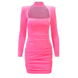 Stain Women Long Sleeve Mini Dress Shoulder Pad Hollow Out Backless Ruched Bodycon Sexy Party Autumn Winter