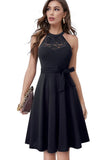 Vintage Halter Sleeveless Solid Lace Bow A-line Midi