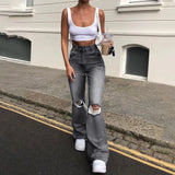 Flared Jeans Women Ripped Holes Jeans Hollow Out High Waist Zipper Pants Ladies Denim Blue Black Trousers Wide Leg