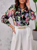 Loose Print Shirt Blouse Office Lady Long Sleeve Button Shirts For Women 2023 Fashion Boho Floral Autumn Top Femme Black-Outfit
