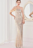 Sequin One Shoulder Slit Long Evening