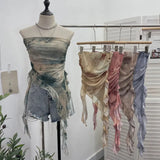 Tie Dyed Lotus Leaf Edge Mesh Shaft Irregular Ribbon Thin Belt Wrapped Bra Vest Top