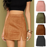 Womens High Waist Faux Suede Double Front Bodycon Mini Hip Skirt Female Pencil A-line Shorts Woman School Girl Skater Skirt