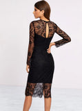 Elegant Balack Lace Long Sleeve Midi