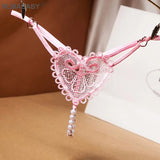 Love Heart Pearl Massuge Lace Thong Low Waist Transparent Sexy Underwear G-String Fashion Women Lingerie Panties