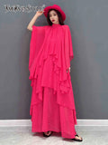 Ruffle Trim Loose Irregular Hem Dress For Women Round Neck Half Sleeve Solid Casual Dresses Female Summer