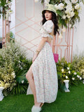 Square Collar Flower Print Front Hem Slit Swing Midi Big Backless Dress Woman Elastic Puff Sleeve Holiday Robe-Outfit