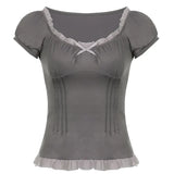y2k Trim Grey Crop Top Bow Cute Sweet T Shirt O Neck Short Sleeve Pullovers Women Korean Chic Harajuku Tee Summer