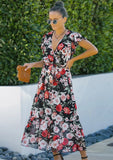 Printed Sweet V-neck Short Sleeves Floral Print Long