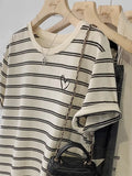 Jacquard Striped T-Shirt Women's Short-Sleeved Summer 2024 New Shoulder Blouse Retro Trend-Outfit
