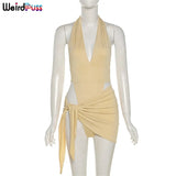 Puss Sexy Hollow Out Summer Women 2 Piece Set Halter Bodysuit+Bandage Mini Skirt Vacation Party Fashion Clubwear