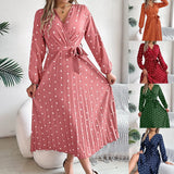 Shooting 2025 Autumn And Winter Elegant Bump Color Wave Point Cross V Collar 100-Fold Long Dress Women's