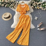 Women Summer Chic Korean Suit Sexy O Neck Chiffon Short Tops+High Waist Wide Leg Split Long Pants Two Piece