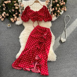 Women Red/Purple/Black Polka Dot Two Piece Set Summer Sexy Ruffle Short Drawstring Tops + High Waist Irregular Skirt 2pcs