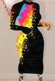 Paints Print Long Bodycon Dress with Long