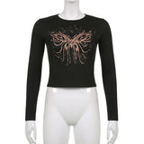 Girl Techwear Butterfly Print Kawaii Goth Graphic T Shirts Women O Neck Long Sleeve Slim Basic Autumn Tees