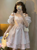 Princess Sweet Dress Women Summer Elegant Print Mini Dresses Casual High Waist Puff Sleeve Korean Fashion Dress 2022