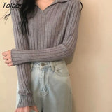 2023 Spring Autumn Knitted Sweater Women Korean Turn Down Collar Long Sleeve Pullover Woman Solid V Neck Jumper