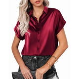 Satin Silk Shirts Loose Fashion Women Short Sleeve Tops Mujer Buttons Office Lady Blouses Women's Clothing Elegant