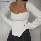 Asymmetrical White Knitted Blouse Women Sexy Long Sleeve Bodycon Blouse Black Ladies Basic Knitwear Tops